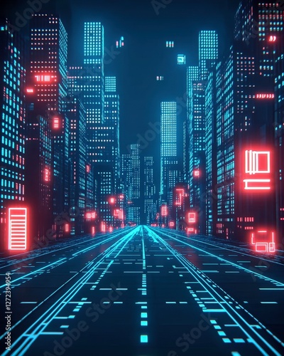 Obraz na płótnie Futuristic city at night with glowing lights and digital paths, tech urban skyline w salonie