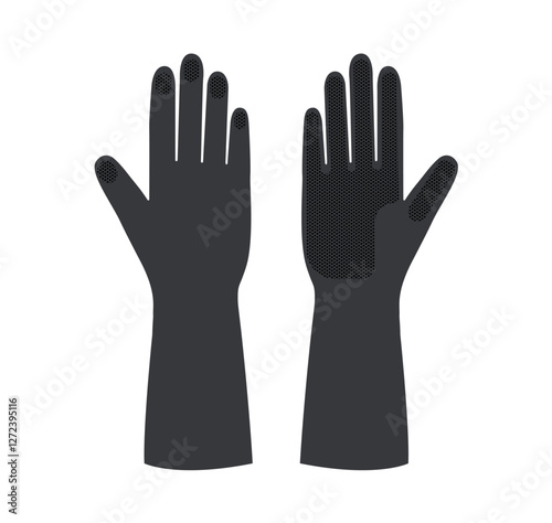 Black rubber cleaning protective Gloves Fashion hand accessory clothing technical illustration garment. Dish wash Vector front palm back view for Men, women, unisex style flat cartoon style isolated