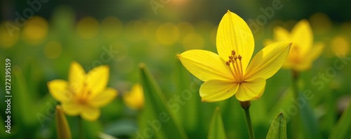 Uvularia grandiflora in full bloom with bright yellow petals, blooming plants, large flowers photo