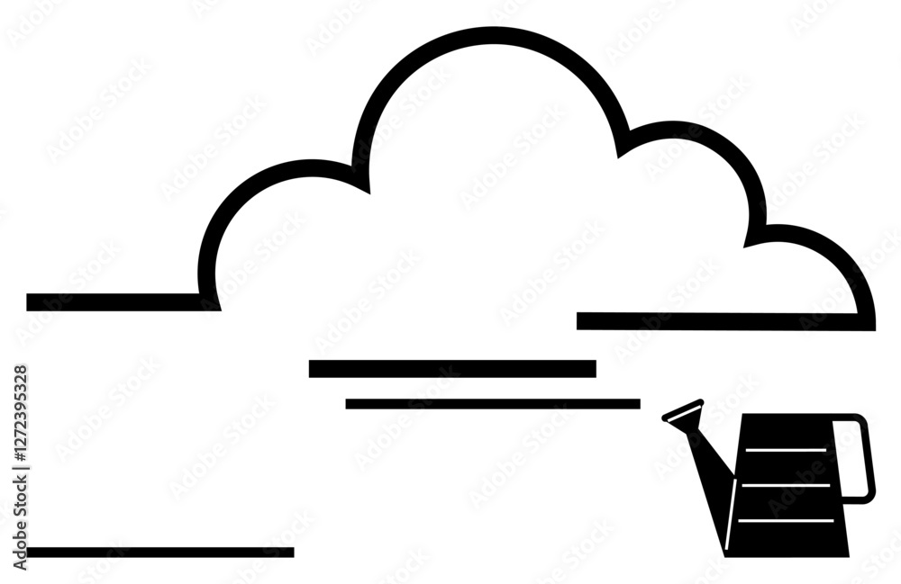 Cloud-shaped outline above horizontal lines with a minimalist watering can. Ideal for sustainable practices, innovation, growth, nurturing, resource management, data storage, abstract line flat Cloud-shaped outline above horizontal lines with a minimalist watering can. Ideal for sustainable practices, innovation, growth, nurturing, resource management, data storage, abstract line flat