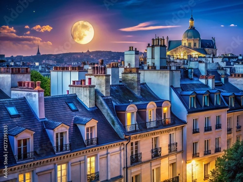 Magical Moonlight: Paris Montmartre rooftops bathed in ethereal glow. photo