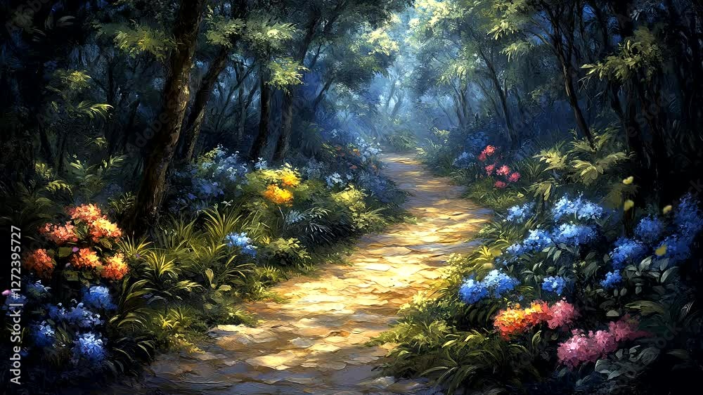 Magical forest pathway surrounded by glowing flowers and sun rays filtering through trees. Seamless looping 4K video background.