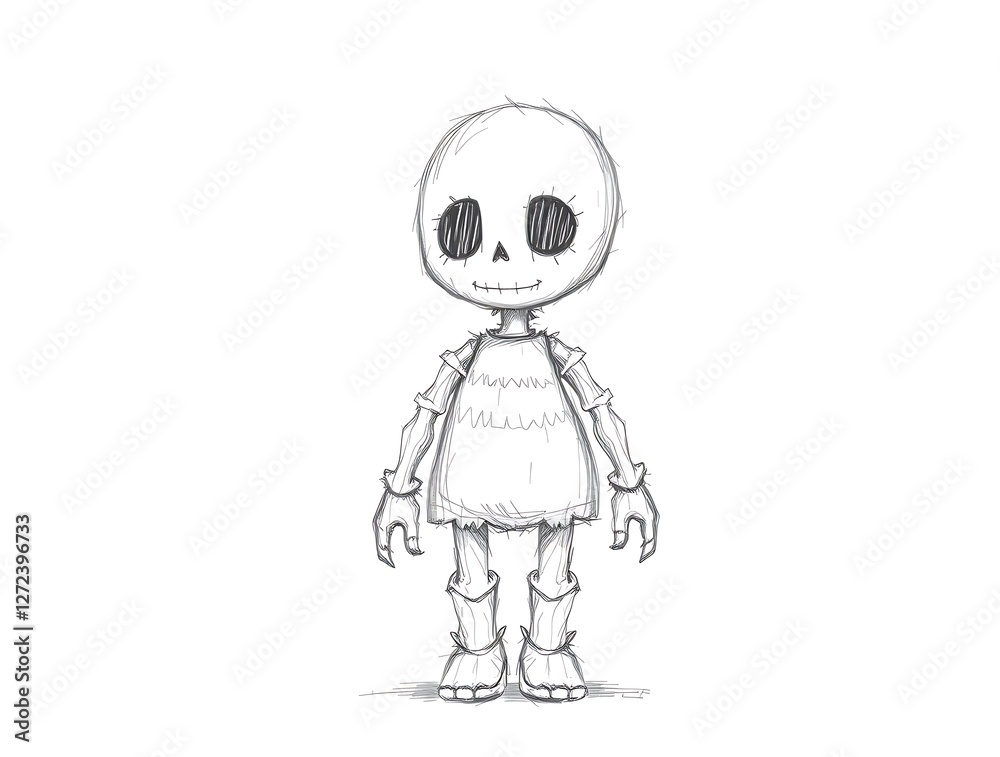 Creepy Cartoon Skeleton Character Sketch with Big Eyes and Spooky Smile Creepy Cartoon Skeleton Character Sketch with Big Eyes and Spooky Smile