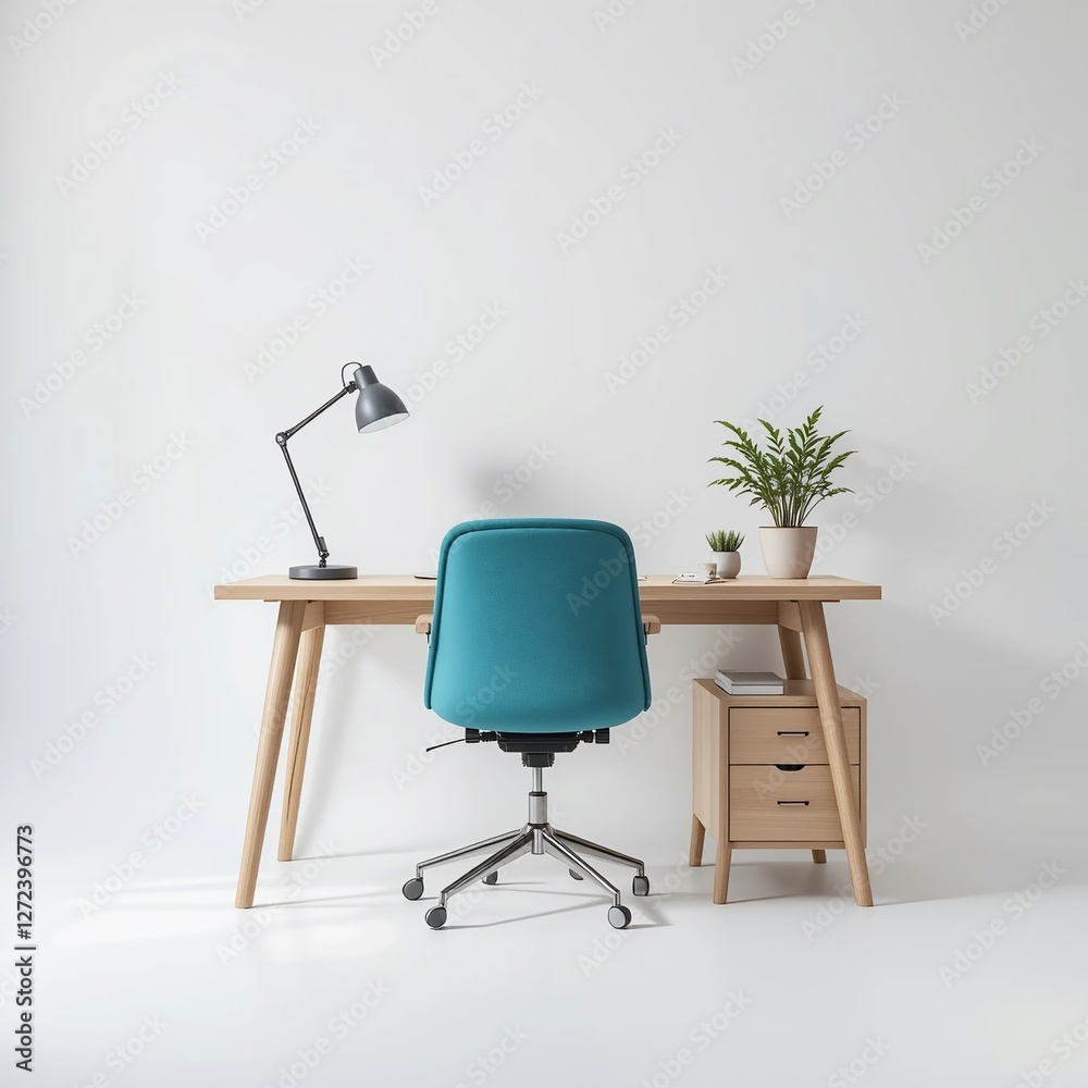 Fototapeta premium Modern Home Office Workspace Teal Chair Wooden Desk Minimalist Design