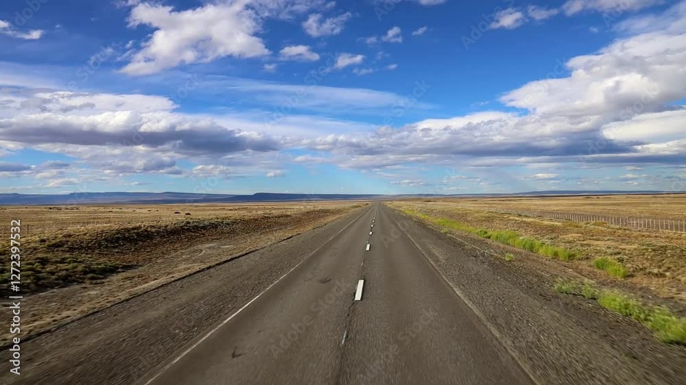 Highway road in the desert. Asphalt long road going to the horizon in the Argentinian Patagonia pampas terrain. Empty highway road with blue sky and clouds Highway road in the desert. Asphalt long road going to the horizon in the Argentinian Patagonia pampas terrain. Empty highway road with blue sky and clouds