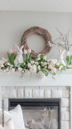 A charming white mantel transforms for spring, featuring two whimsical bunnies amidst a lush display of pink tulips and white blossoms. Fresh greenery adds a lively touch