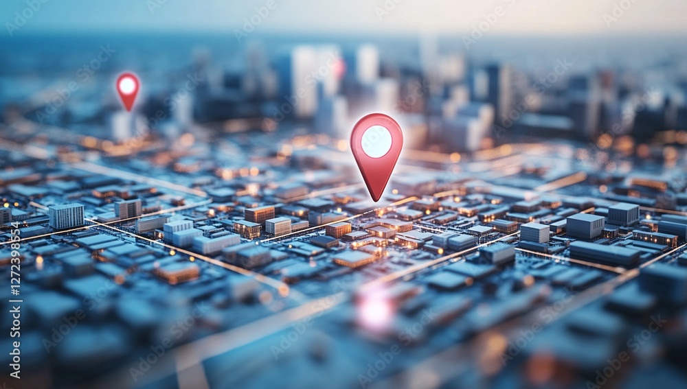 A stylized city map with location markers, showcasing technological advancements in navigation and location services. Cool blues and warm oranges enhance the futuristic feel. A stylized city map with location markers, showcasing technological advancements in navigation and location services. Cool blues and warm oranges enhance the futuristic feel.