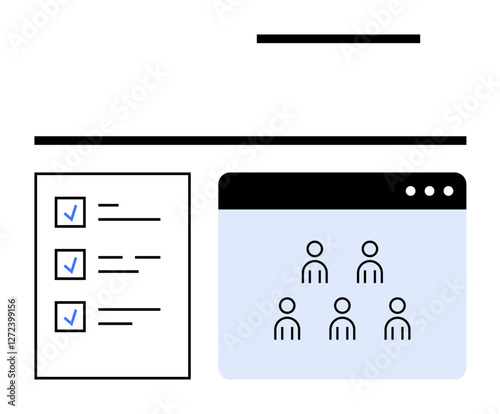 Checklist with completed tasks alongside a window displaying grouped individuals representing collaboration. Ideal for productivity, teamwork, organization, task tracking, project management