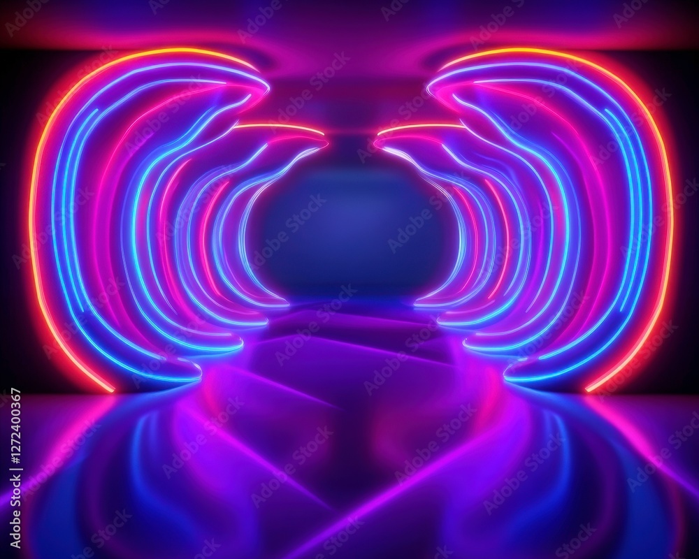 Naklejka premium Glowing neon shapes forming a tunnel in a dark room for decoration or background