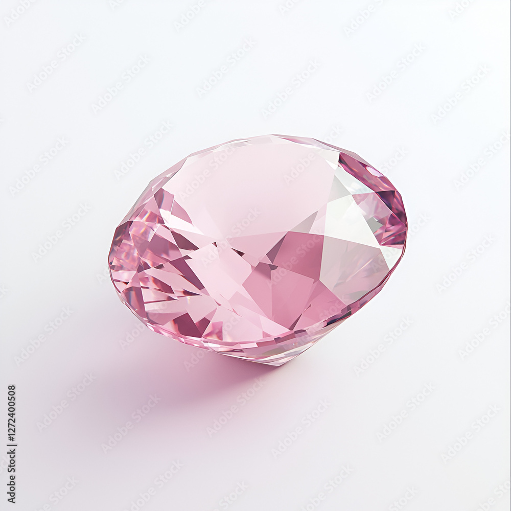 A dazzling pink gemstone with many reflective facets, resting on a clean, light surface, casting a soft shadow. A dazzling pink gemstone with many reflective facets, resting on a clean, light surface, casting a soft shadow.