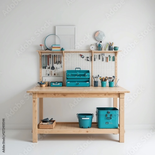 Organized Craftsman s Workspace Light Wood Workbench with Teal Toolboxes and Pegboard photo