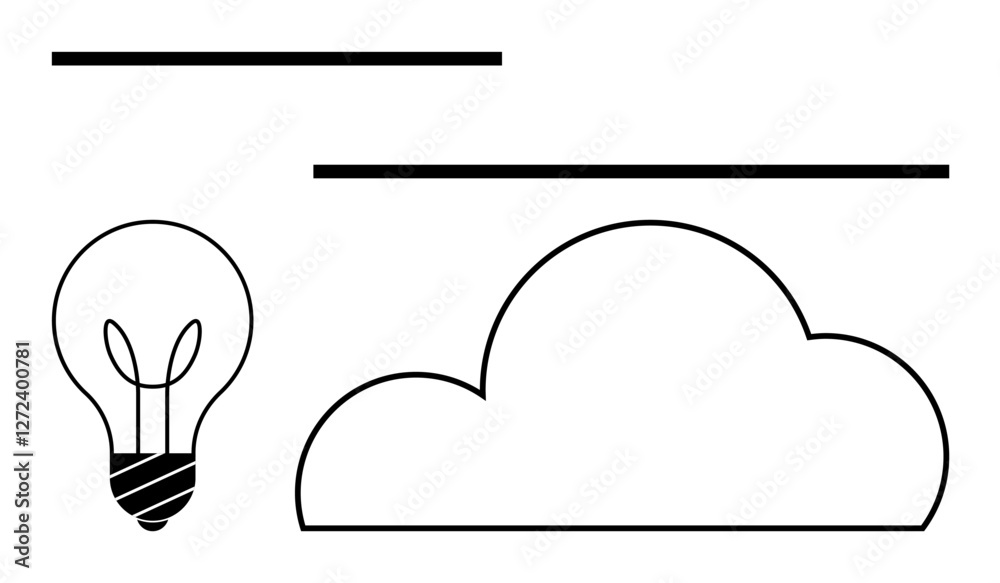 Lightbulb with horizontal lines and a cloud shape. Ideal for innovation, creativity, technology, brainstorming, data storage, cloud computing, digital transformation. Line metaphor