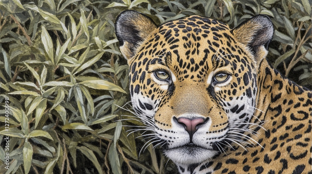 Obraz premium Majestic jaguar portrait, lush foliage background, wildlife conservation