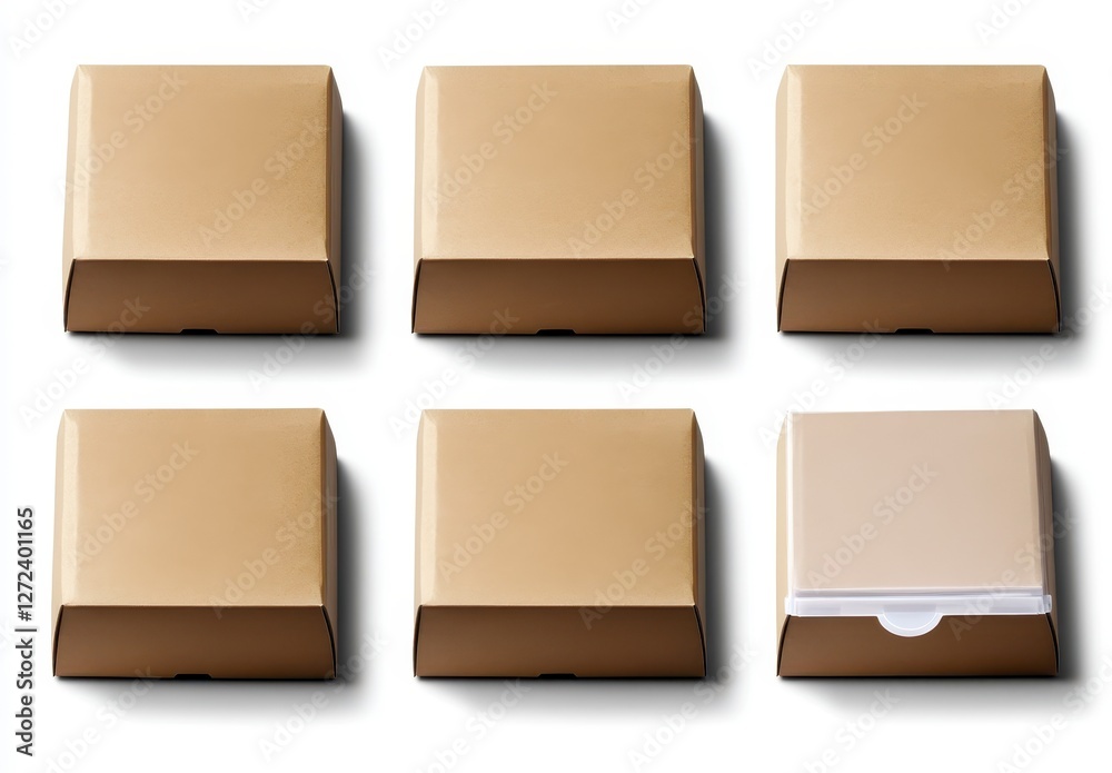 Closed Brown Boxes Arranged in a Neat Grid with One Open Box Closed Brown Boxes Arranged in a Neat Grid with One Open Box