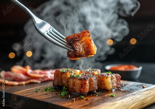 Fork Holding Up Meat to Showcase Texture with Steam and Garnish on Wooden Board photo