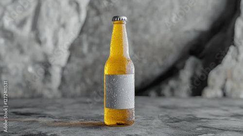 Cold beer bottle, rock backdrop