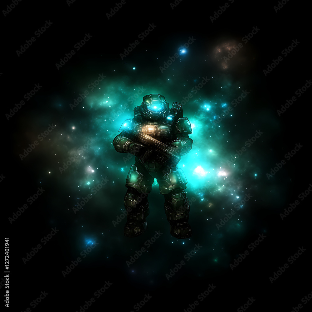 Naklejka premium Armored Futuristic Warrior Standing Guard Among Cosmic Stars and Nebulae in Deep Space Universe.
