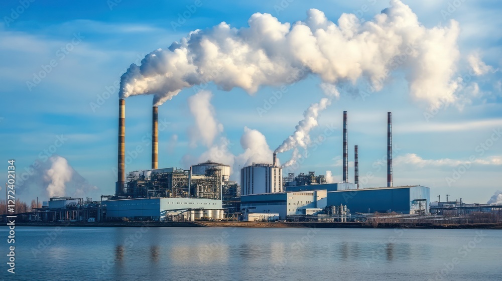 Industrial facility with smokestacks emitting steam and smoke near a body of water. Industrial facility with smokestacks emitting steam and smoke near a body of water.