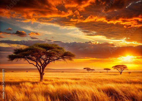 Majestic African Sunset: Serengeti Plains at Golden Hour - Wildlife Safari Landscape