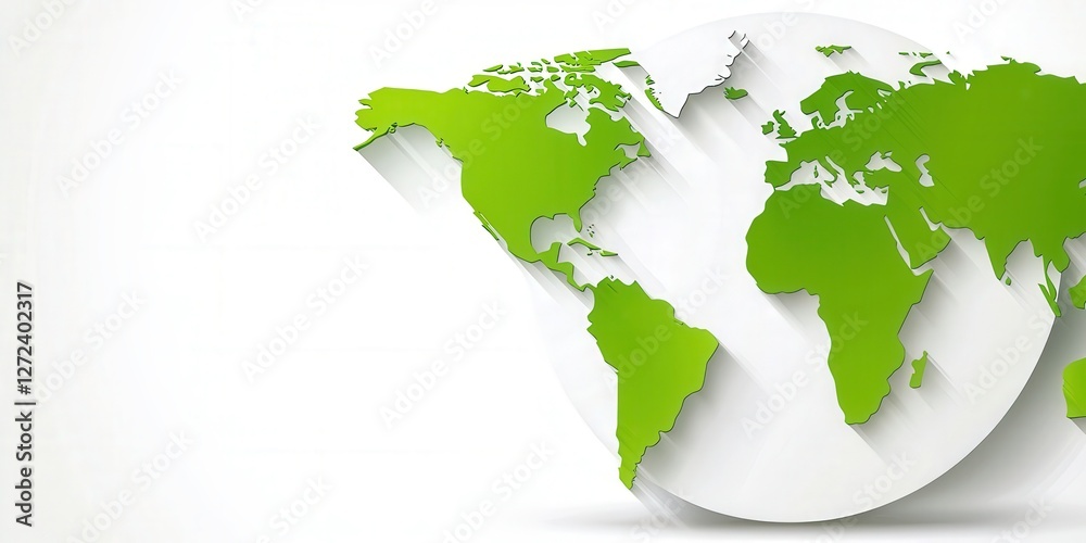 Green world map illustration on white circle background shows environment concepts and global topics