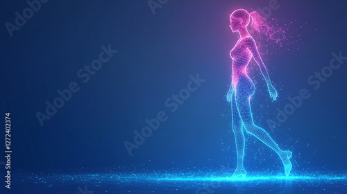 Luminous wireframe figure of a woman walking gracefully in a dark environment with glowing effects