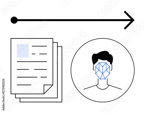 Documents, head silhouette with facial recognition pattern, and arrow indicating data flow. Ideal for security, AI, identity, authentication, biometrics, technology abstract line flat metaphor