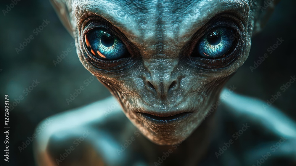 Close-Up Portrait of an Alien with Large Eyes and Intricate Skin Texture Illuminated by Blue Light Close-Up Portrait of an Alien with Large Eyes and Intricate Skin Texture Illuminated by Blue Light