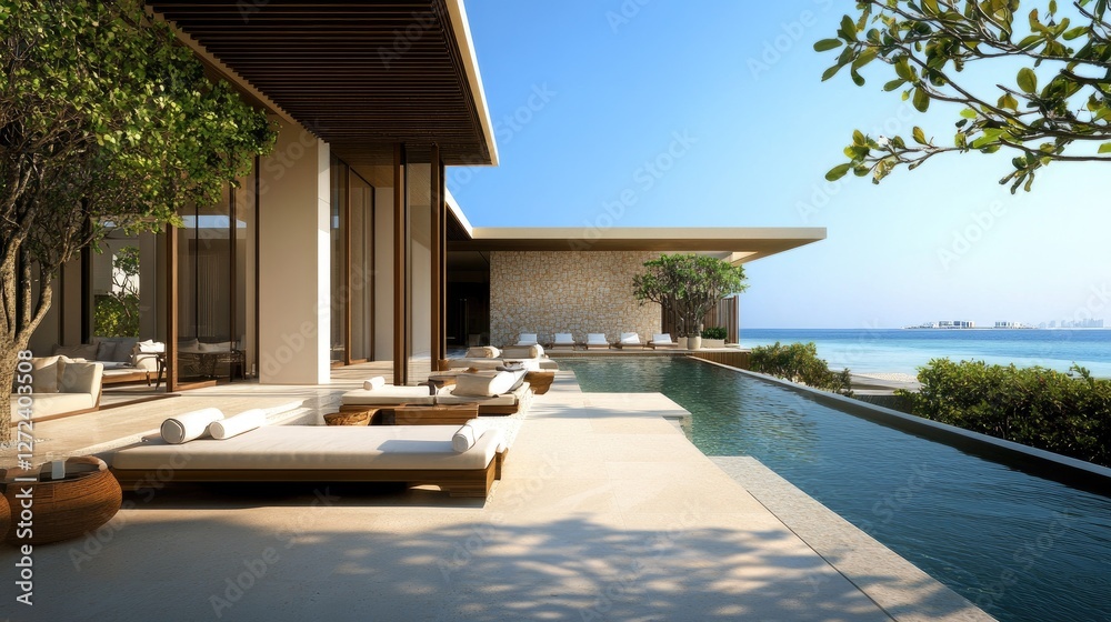 Fototapeta premium Elegant resort patio with infinity pool, designer sun beds, pristine water, and peaceful ambiance. No people no text