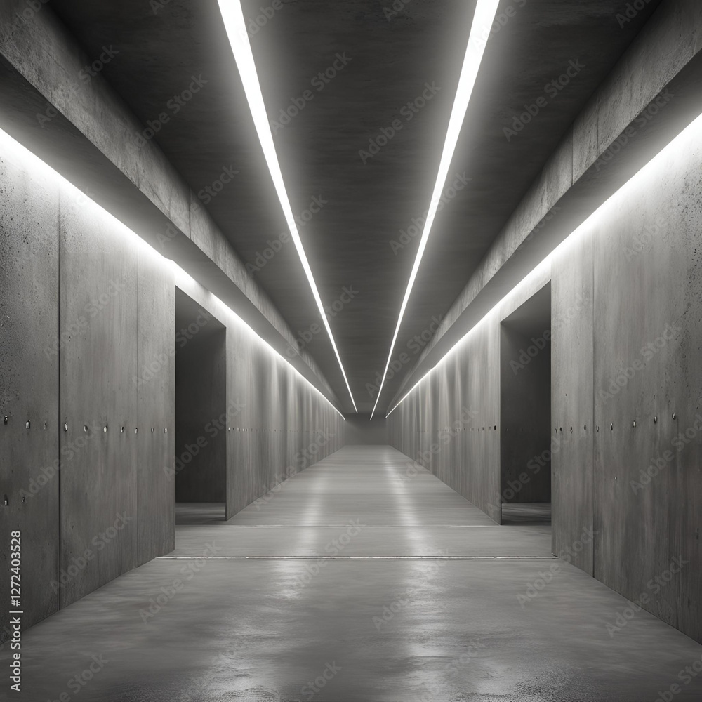 Obraz premium Dark Concrete Led White Lights Underground Tunnel Corridor Cement Asphalt Hallway Warehouse Tunnel Corridor Metal Structure Realistic Empty 3D Rendering