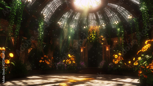 Botanical Garden Interior with Sunbeams and Golden Flowers under Glass Dome Roof Serene Ambiance.