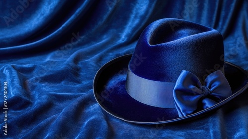 Elegant velvet evening hat on a navy blue background, evoking a luxurious and classy mood. No people no text