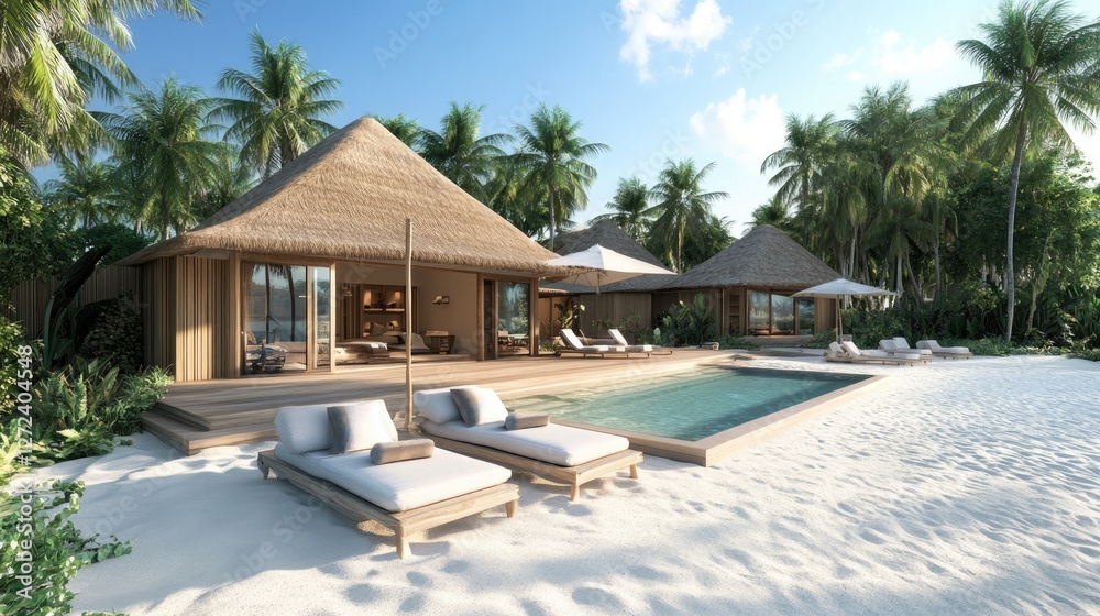 Fototapeta premium Exotic beachfront villa with pristine infinity pool, elegant sun beds, cozy umbrellas, and warm sunlight. No people no text