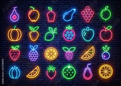 Neon fruits isolated line sets. Neon fruits illuminated icons. Fruits icons for web pages
