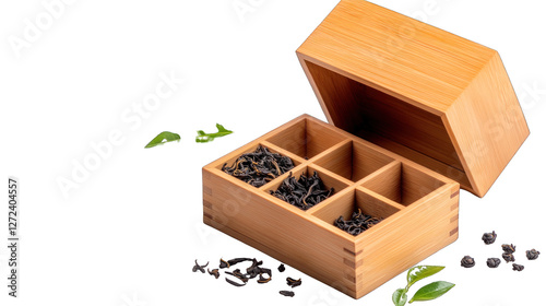 Obraz na płótnie A wooden box with a lid is filled with different types of tea w salonie