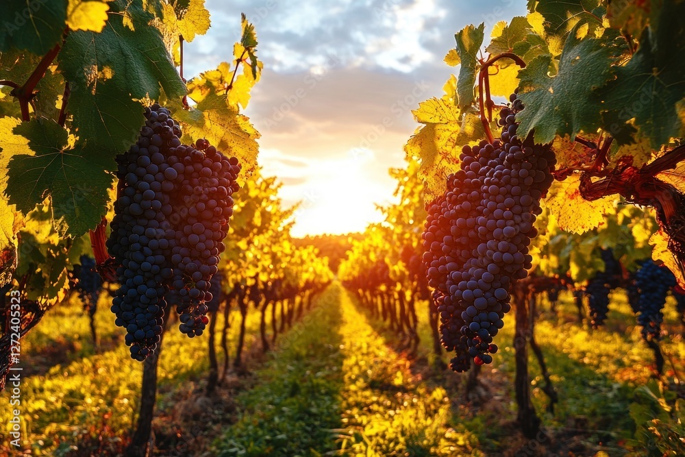 Naklejka premium Grape Harvest in Italian Vineyards under Golden Hour Light