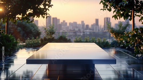 Clean metal table, polished aluminum surface, fully visible, straight view.