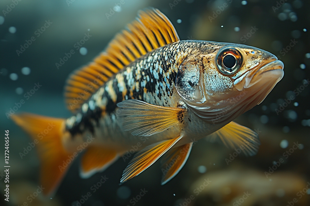 Aquatic portrait showcasing the intricate details of a vibrant fish specimen Aquatic portrait showcasing the intricate details of a vibrant fish specimen