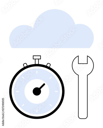 Cloud stopwatch wrench. Ideal for cloud services, efficiency, optimization, time management, tech support, reliability, speed. Line metaphor