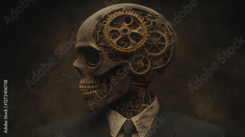 Cogito Ergo Sum Mechanized Skull Conceptual Portrait of Mortality and Intellect Embodied.