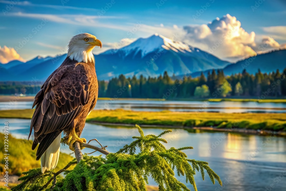 Fototapeta premium Majestic Bald Eagle Perched on Branch, Delta BC, Canada - Panoramic View