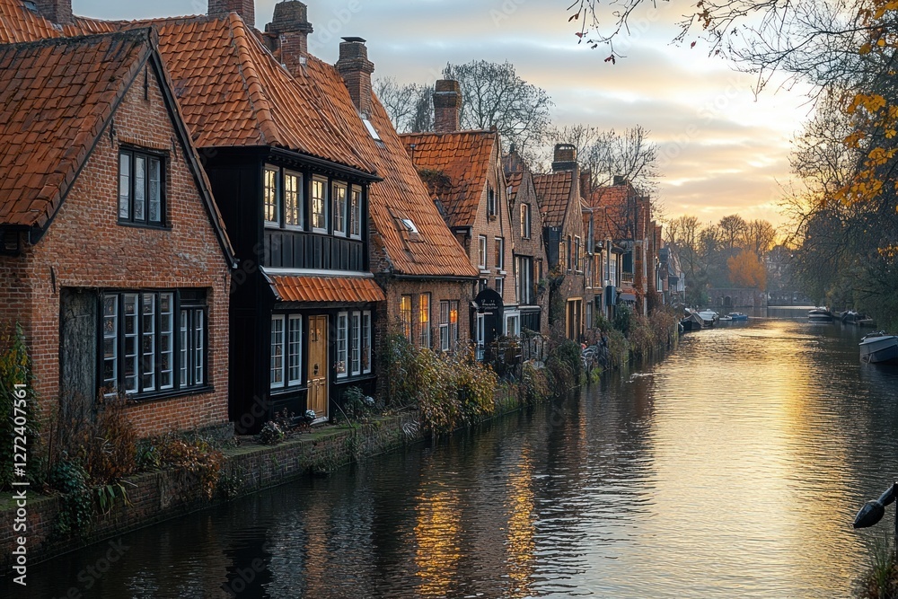 Obraz premium Serene Riverside Scene with Vintage Brick Buildings at Sunset