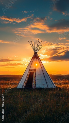 As the sun sets behind the horizon, the wigwam stands proud, its silhouette framed against the colorful sky. This serene moment captures the essence of indigenous life in the heart of America