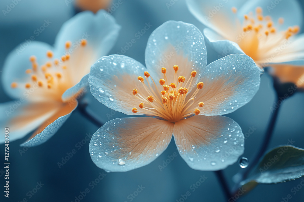 Fototapeta premium Delicate blossom adorned with dewdrops reflecting morning light