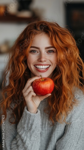 Red haired woman eating an ...