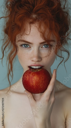 Red haired woman eating an ...