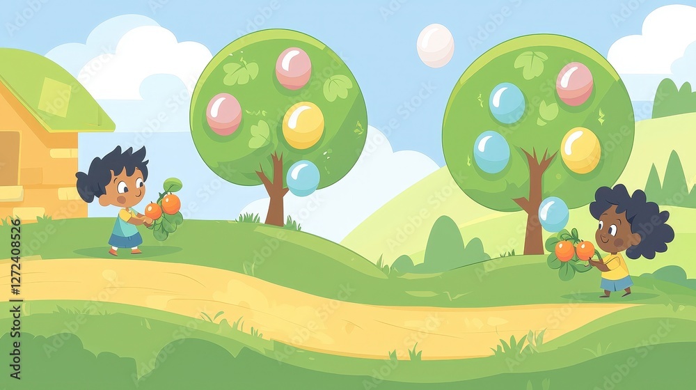 Obraz premium Kids harvesting fruits in an orchard with house and hills in the background for educational materials
