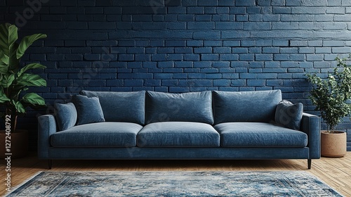 Cozy Modern Minimalist Living Room with Blue Brick Wall and Gray Sofa photo