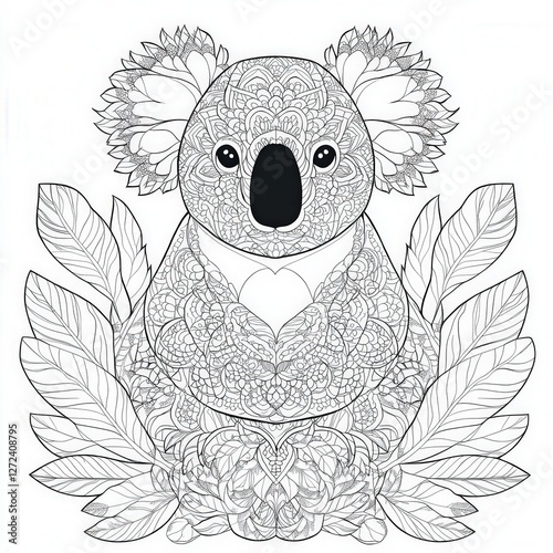 Koala Coloring Page Cute animal design for relaxation with leafy background