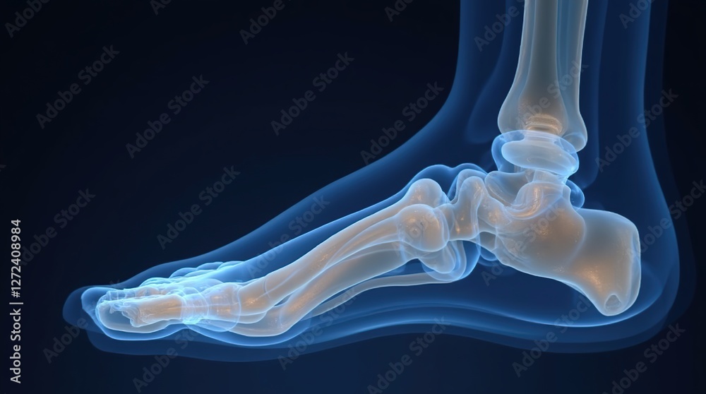 X-Ray Visualization of Human Foot Bones in Detailed Anatomical Illustration X-Ray Visualization of Human Foot Bones in Detailed Anatomical Illustration
