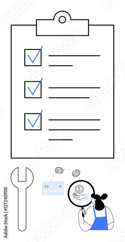 Businesswoman examining financial data under magnifying glass near a checklist and wrench icon. Ideal for efficiency, productivity, financial analysis, planning, strategy, repair, business